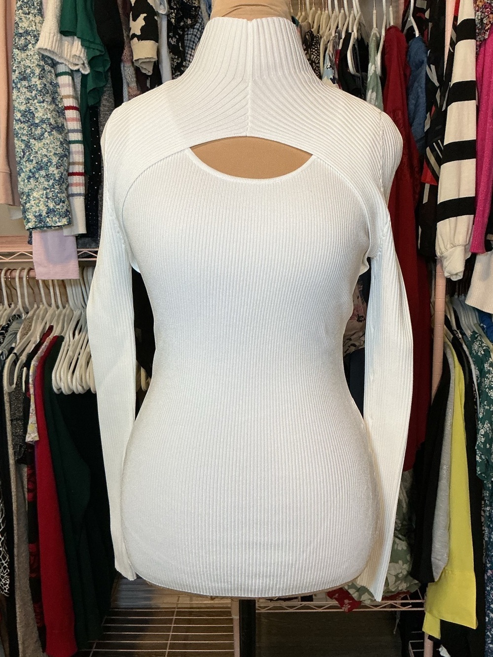 Cream Ribbed Cutout Mock Neck Sweater - Picture 2 of 9